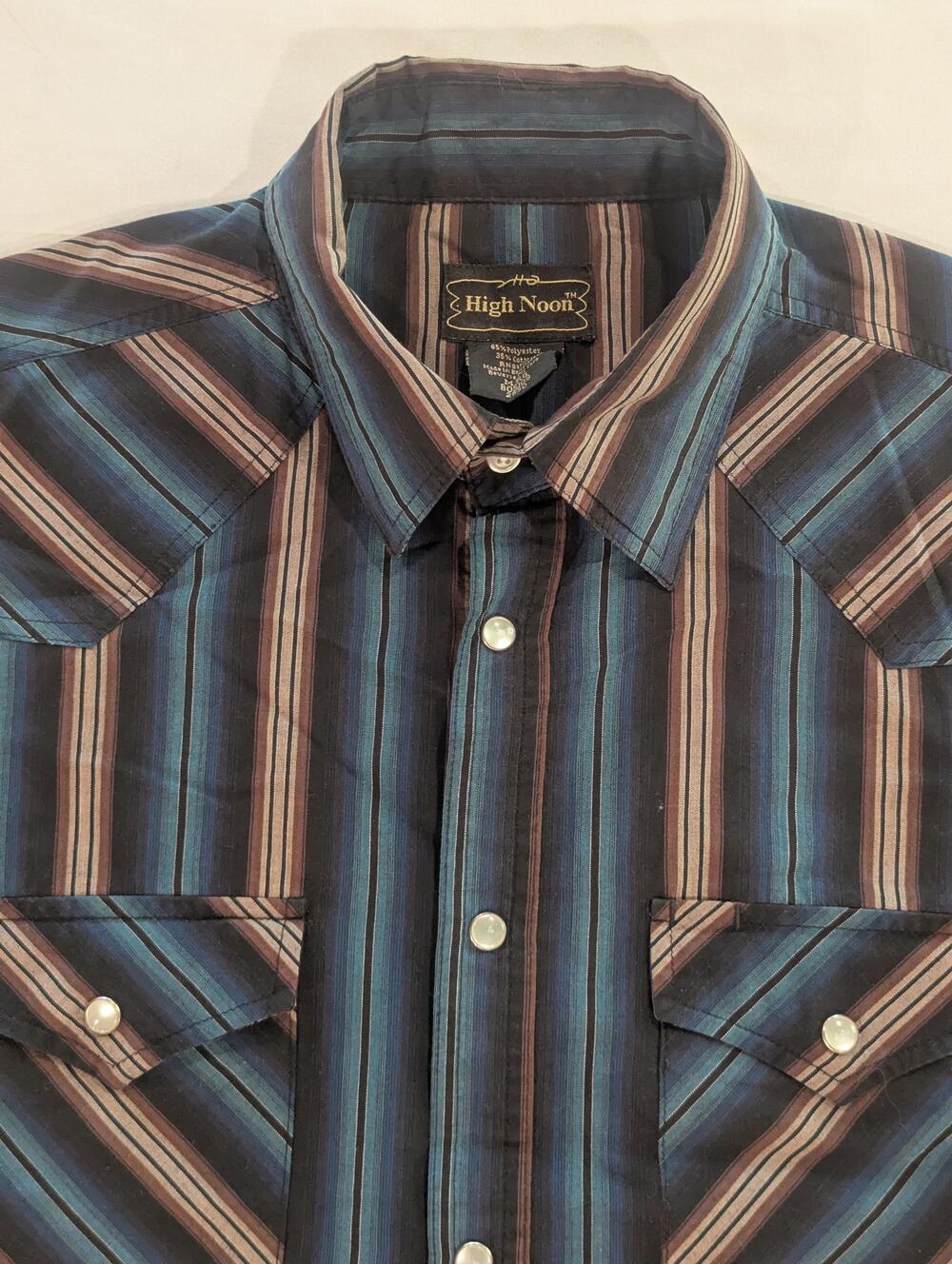 High Noon Shirt Mens M Blue Striped Short Sleeve Western Pearl Snap Pockets